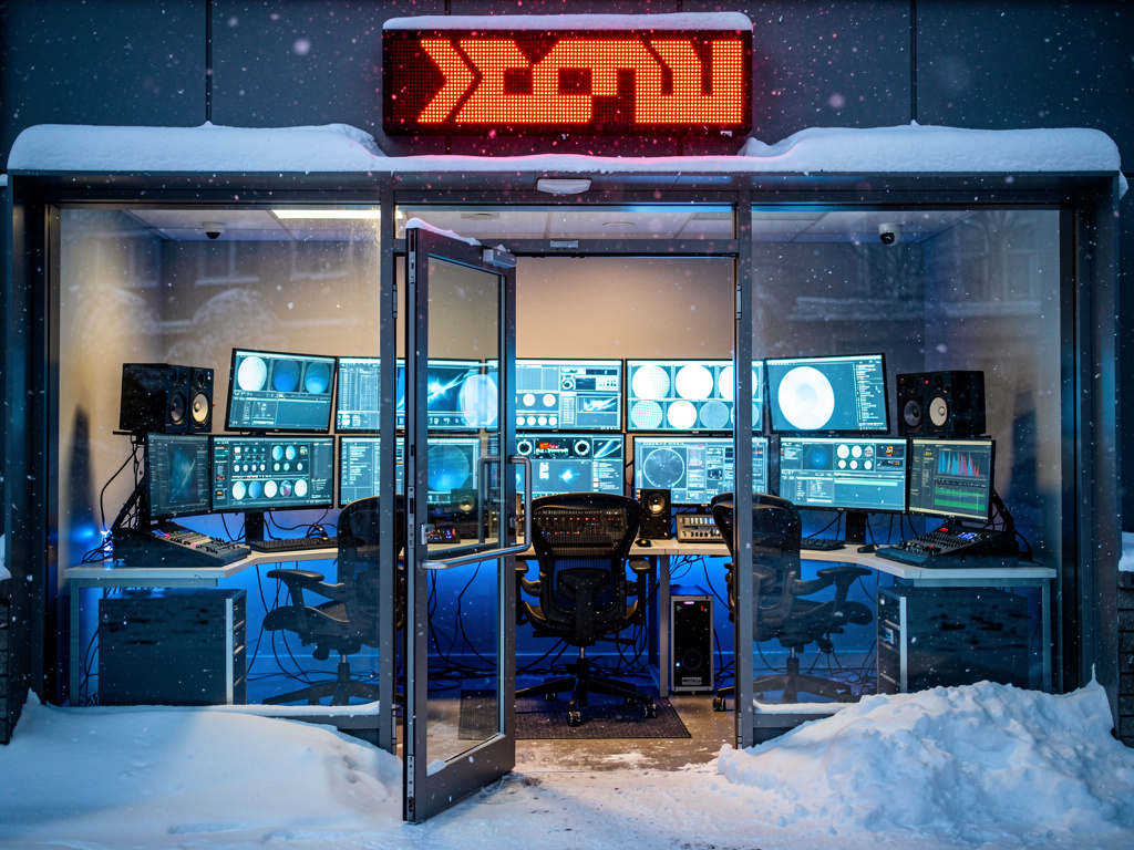 DIŞARDA KARLI BİR HAVA KARŞI DA BİR İŞ YERİ GİRİŞİNE DE KIRMIZI LED YANAN ŞÖYLE BİR YAZI DOĞU PRODÜKSİYON İÇERİYE GİRİLDİĞİ Z