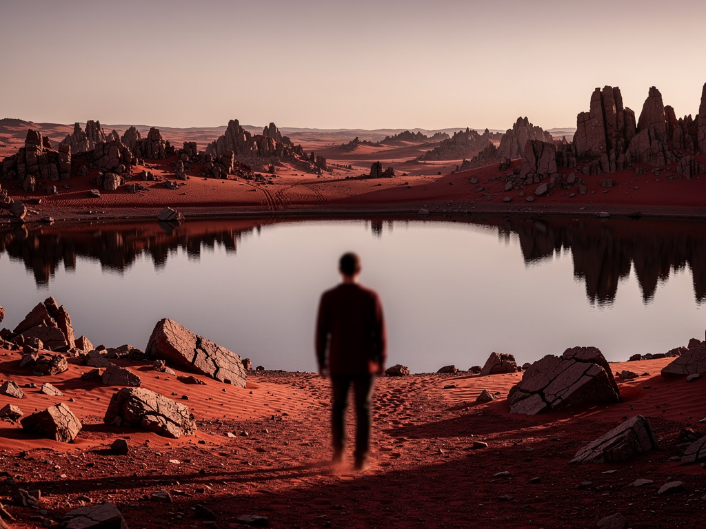 ثم يدرك أنه يجب عليه أن يبقى على قيد الحياة فيبحث عن الماء و الغذاء فيجد بحيرة.