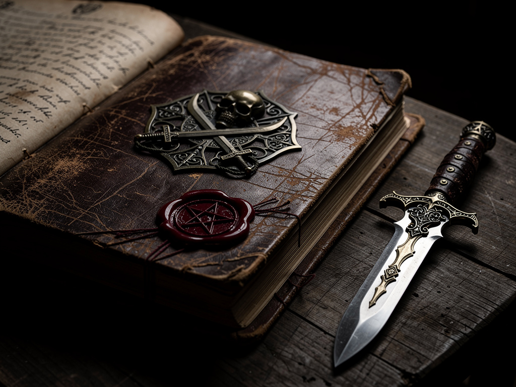 Imagine se: Livro antigo de couro gasto com capa de madeira escura aberto, texto manuscrito em páginas de pergaminho amarelad