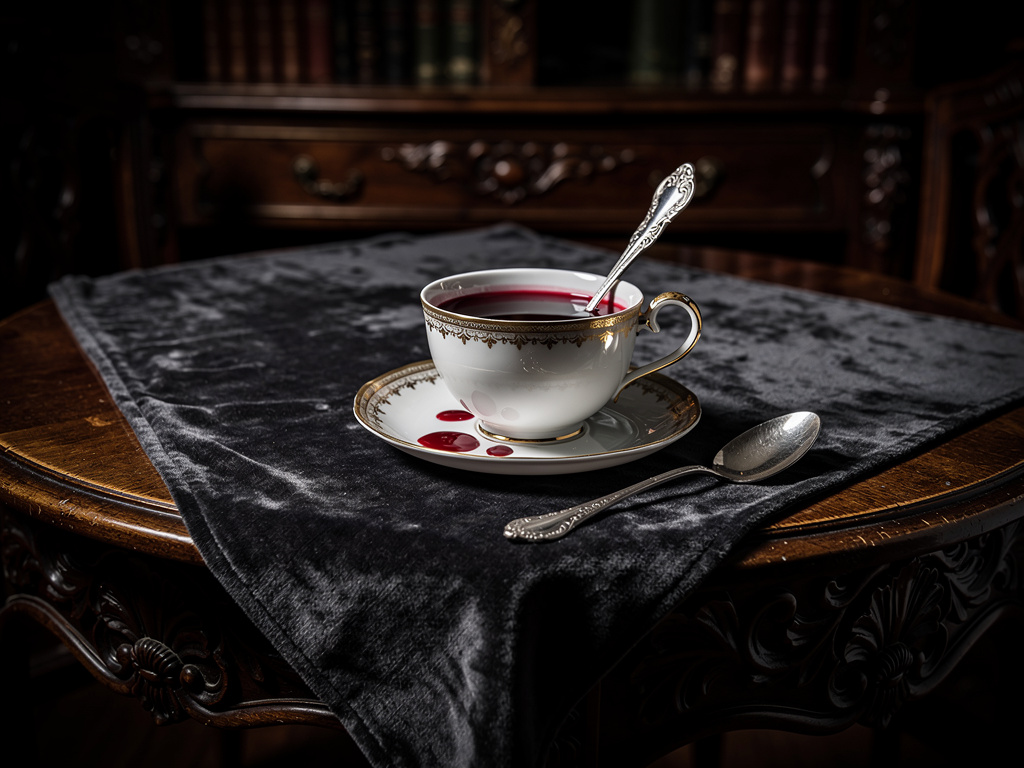 Imagine se: Configuração de chá vitoriana gótica sobre uma toalha de mesa de veludo cinza escuro, xícara de porcelana branca