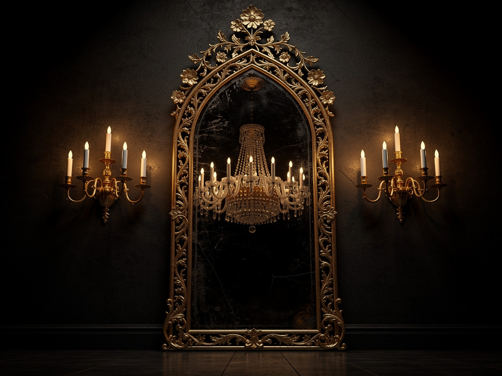 Imagine se: Espelho gótico de altura total com moldura barroca dourada ornamentada e topo em arco pontiagudo com crista flora