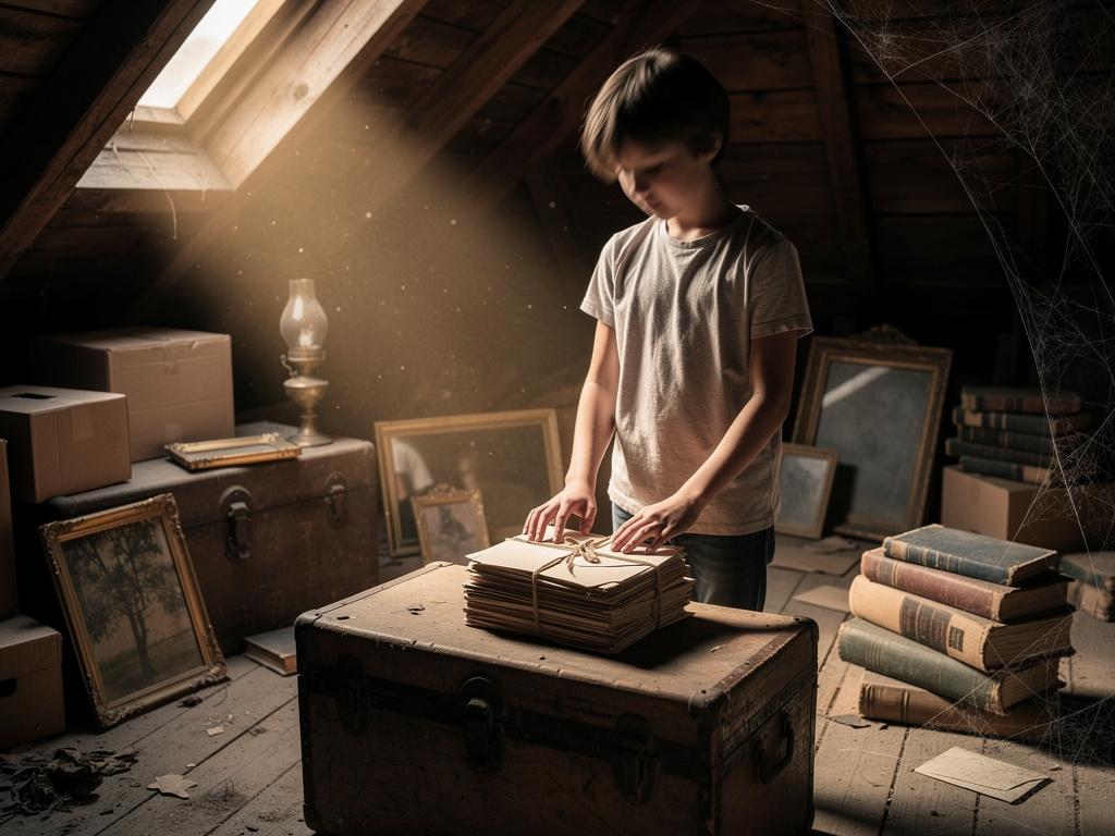 Imagine si: Je me tiens dans le grenier de ma grand-mère, en train de trier d'anciens coffres, lorsque je tombe sur une pile