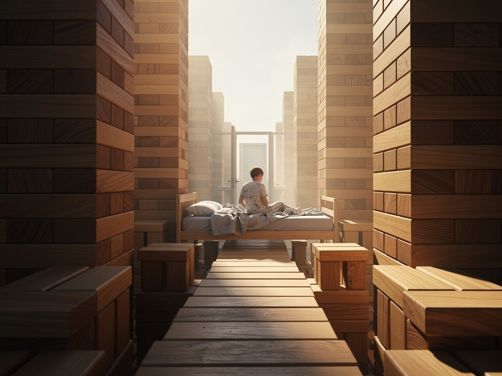 Imagine if: You wake up to find that your bedroom has been replaced by a giant game of Jenga, and you have to navigate the to