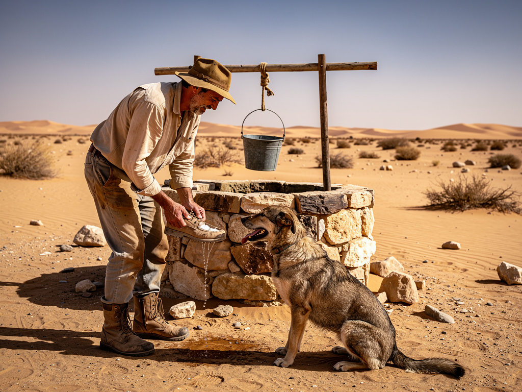 تخيل لو: كان هناك رجل يسير في الصحراء، والحر شديد جدًا، وكان عطشان جدًا ومتعب.
فوجد بئر ماء، فنزل وشرب حتى ارتوى.
ولما طلع من