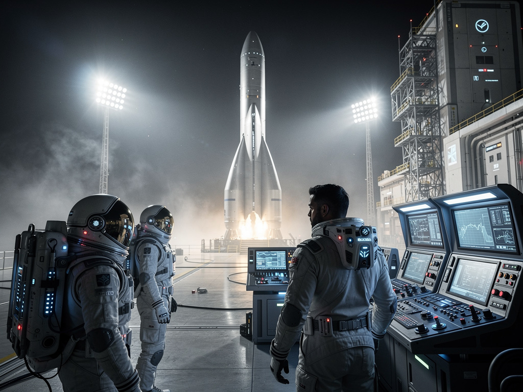 تخيل لو: يبدأ المشهد في قاعدة إطلاق فضائية ضخمة، حيث تقف المركبة جاهزة على منصة الإقلاع. الكاميرا تلتقطها من الخارج في لقطة م