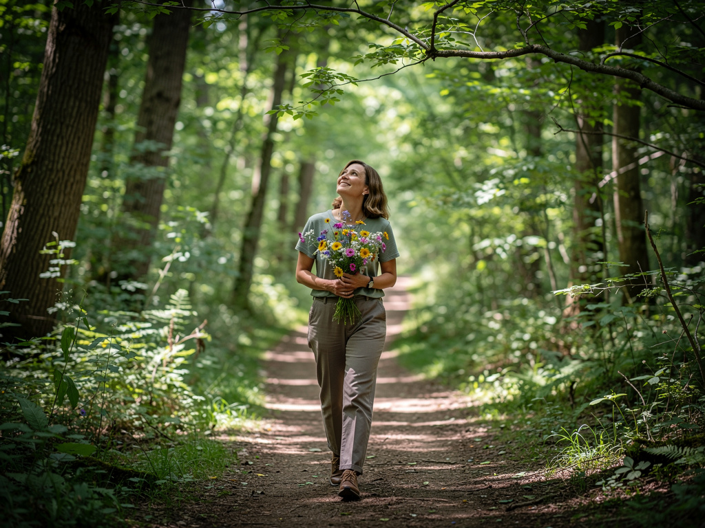 Imagine if: Maribel Finch wanders through a lush forest path, her footsteps light and deliberate. She pauses, tilting her hea