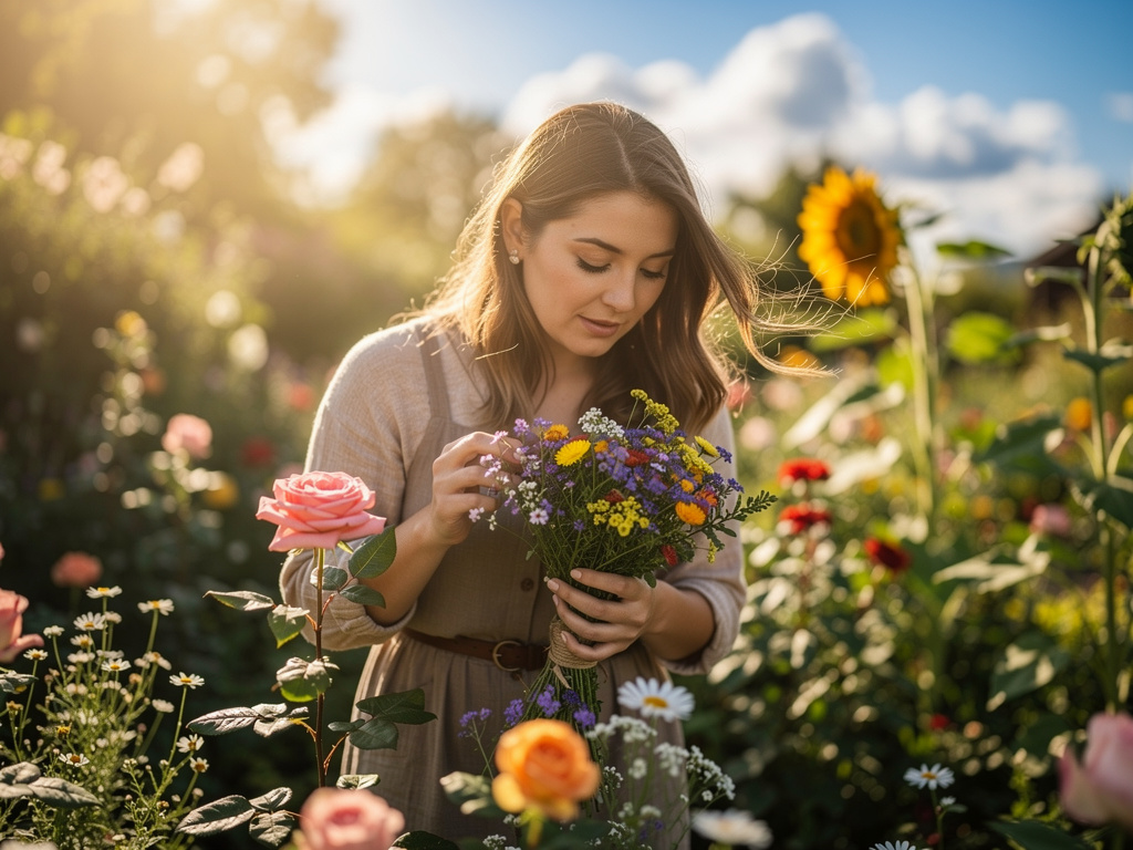 Maribel Finch stands in a sunlit garden, surrounded by blooming flowers. She gracefully bends down to admire a vibrant rose, 