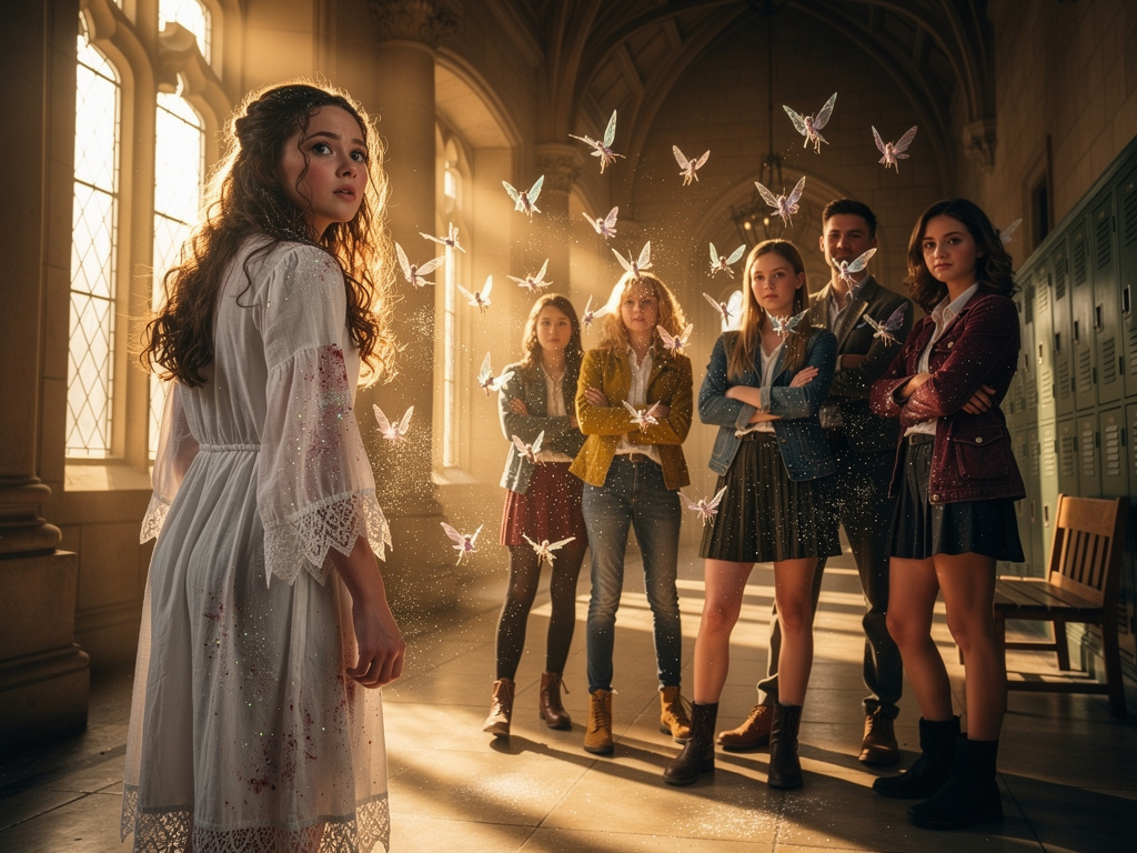 Bir okul olsun okula gidelim baştan eğitim alalım okulun en güçlü büyülü kızı bu kız olsun ve karşıda bir grup olsun işte oku