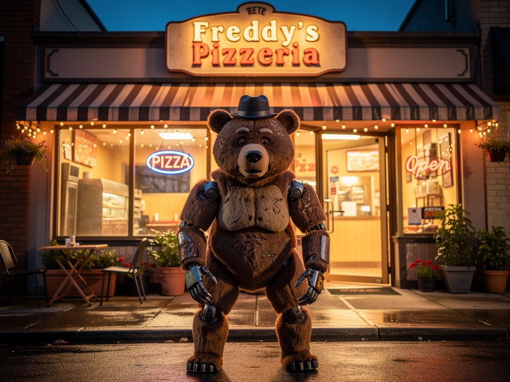 Hayal et: Freddy'nin pizza dükkanında güvenlikçisin mekanın kapısında mekanın üstünde biraz robotik duran şapkalı bir ayı var