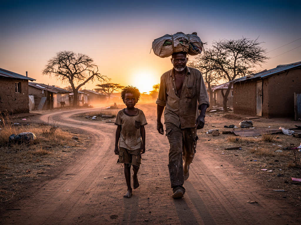 Imagine if: A young African boy and his father walking on a dusty road at sunrise, carrying heavy loads, poor village setting