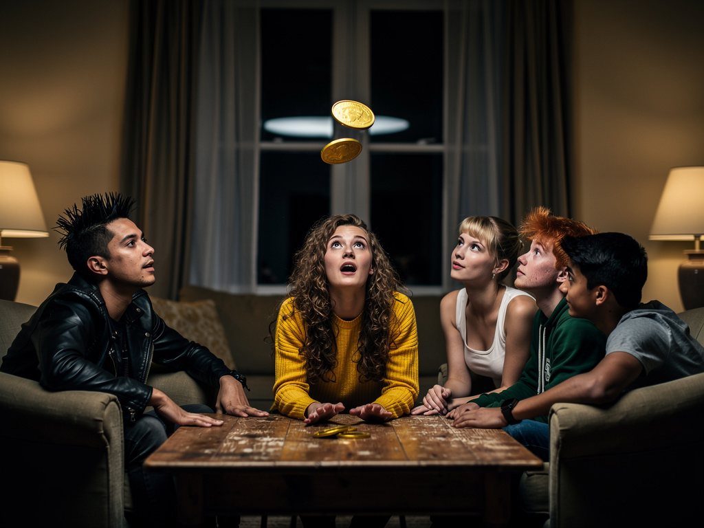 Imagina si: Un grupo de amigos se juntan una noche, al jugar un juego con una moneda dorada de cara y cruz, descubren que la