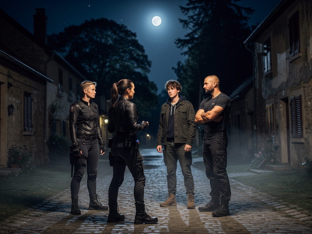 Imagina si: Quiero una escena con diálogos de cuatro cazavampiros, entre ellos una mujer de 23 años. Todos son jóvenes entren