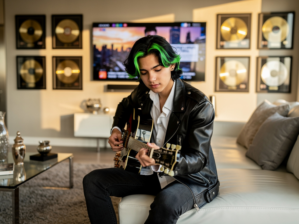 Imagine se: Um jovem rapaz masculino de 18 anos, cabelos médios pretos escuros com mechas verdes, ele é um modelo renomado e