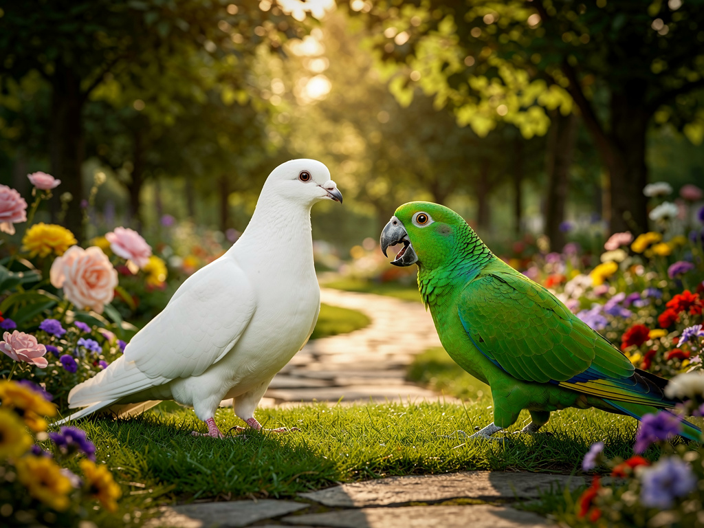 Imagine if: In a beautiful garden, a white pigeon and a green parrot lived together. The pigeon was very straightforward, cal