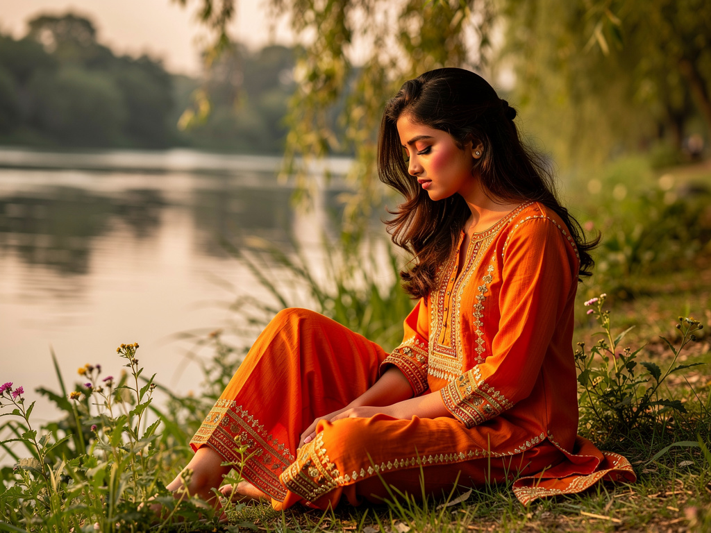 She is sitting by the river.