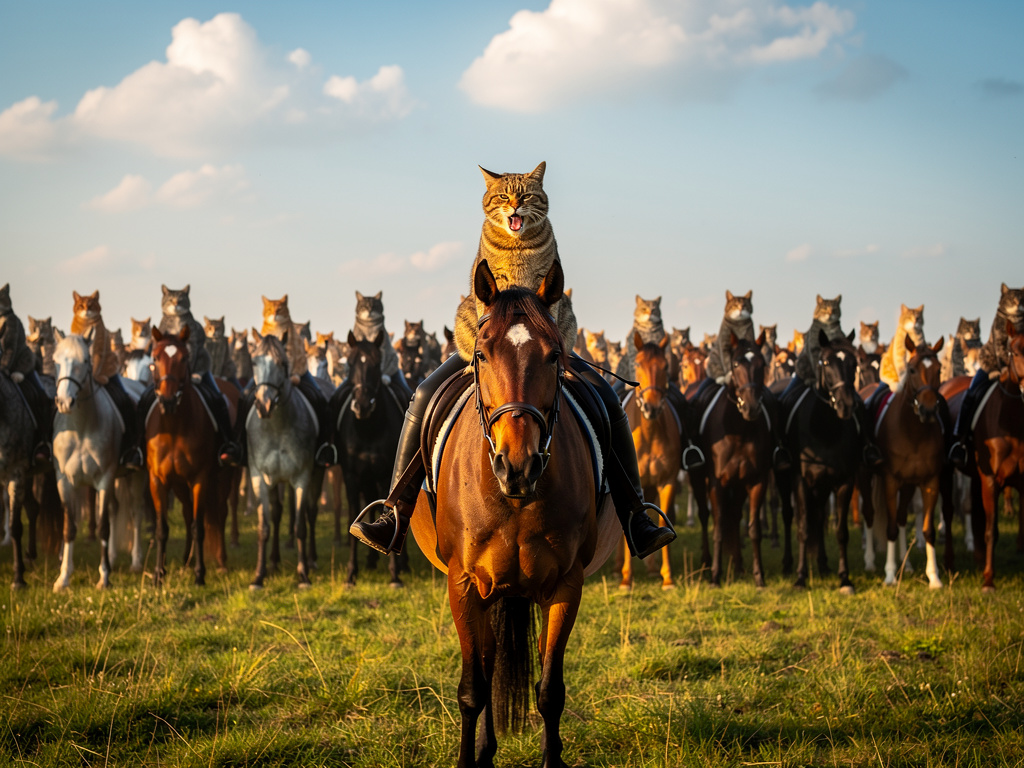 Hayal et: Bir kedi ordusu yap önünde lider kedi olacak hepsi atın üstünde olacak. Lider kedi miyavlayacak herkes koşmaya başl