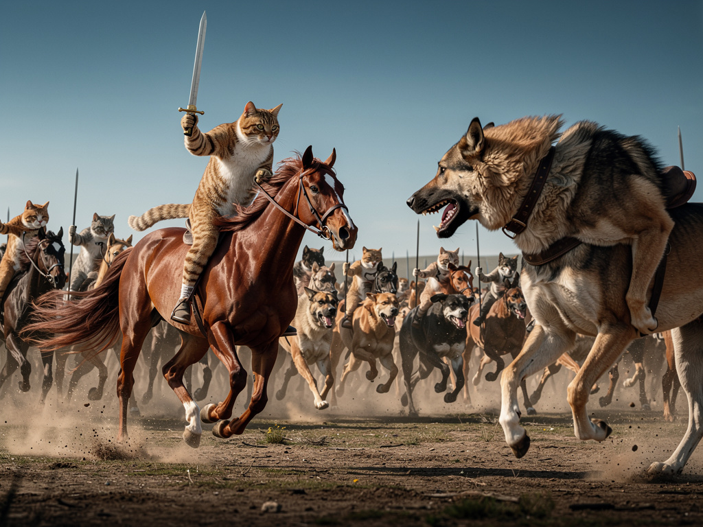 Öndeki kedi kılıç ile köpek ordusunun lideriyle savaşacaklar köpek ata binmiş olacak