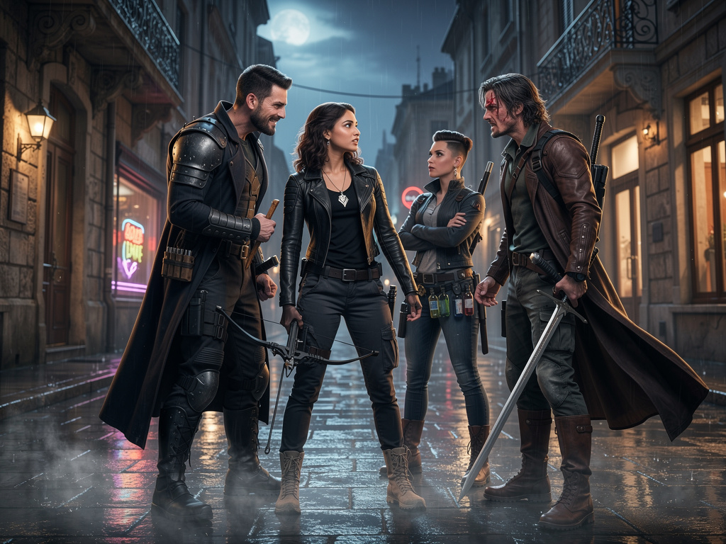 Scene from a story: I want a scene with dialogue featuring four vampire hunters, including a 23-year-old woman. They're . Cur
