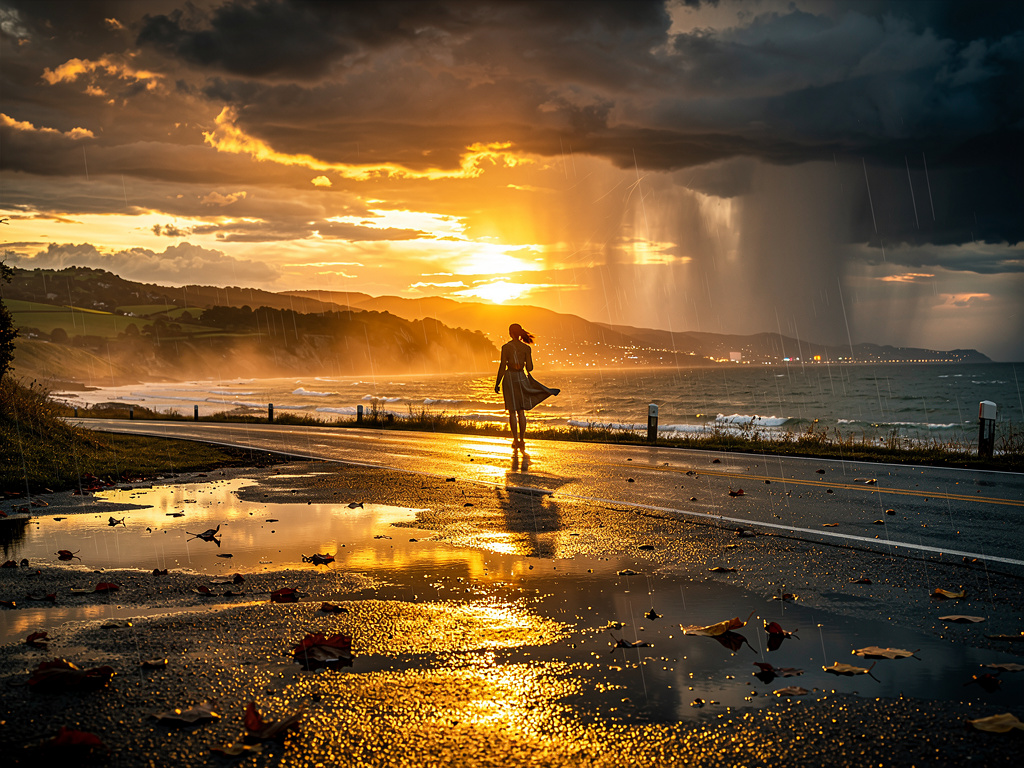 Dazzling gleam of Sunset & walking alone & waiting for the ending storm