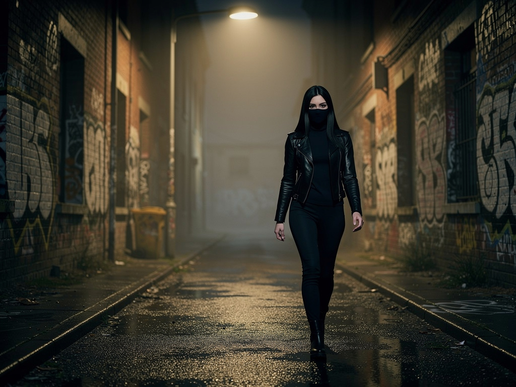 Hayal et: Karanlık bir sokakta duvarlarında yazı olan bir sokak, sokak lambası ile hafif aydınlanmış olması, bir tane kızın s