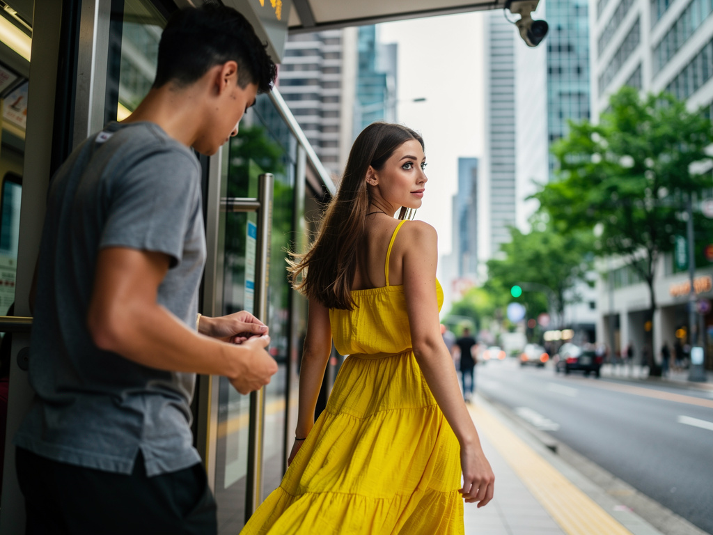 Te sientes nervioso porque quieres hablarle, notas que se baja en la siguiente estación y decides bajarte, seguirle y decir c