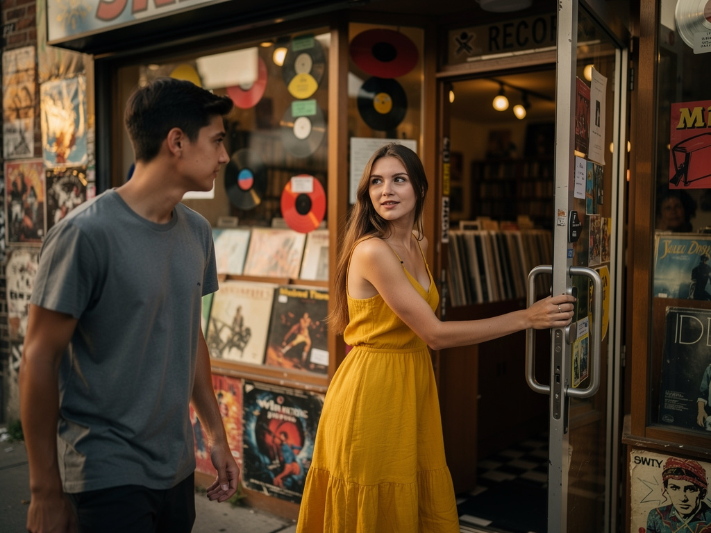 Te das cuenta que ella va hacia una tienda de discos, lo cual te hace enamorarte más de ella porque tú amas la música y los d