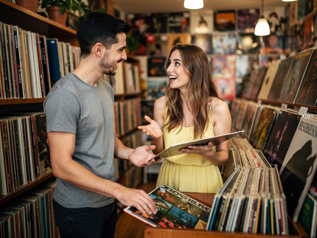 Ya dentro de la tienda, comienzan a hablar sobre discos de música, ambos están buscando algún que ambos se recomienden.