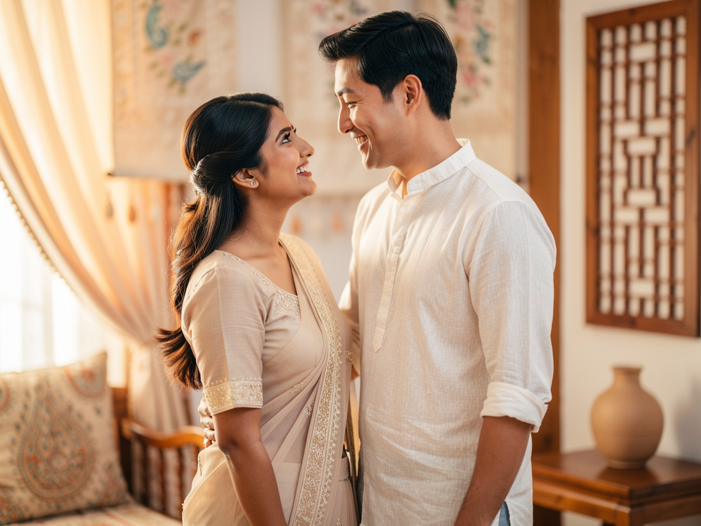 I am an actress and he is a member of BTS. We just got married. He is Korean and I am Indian.