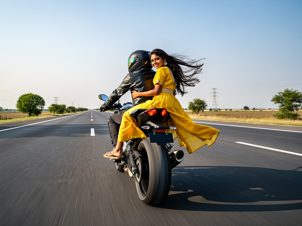 Imagine if: A rider is riding a superbike on the highway, suddenly a beautiful Indian girl of 20 years old came and asked him