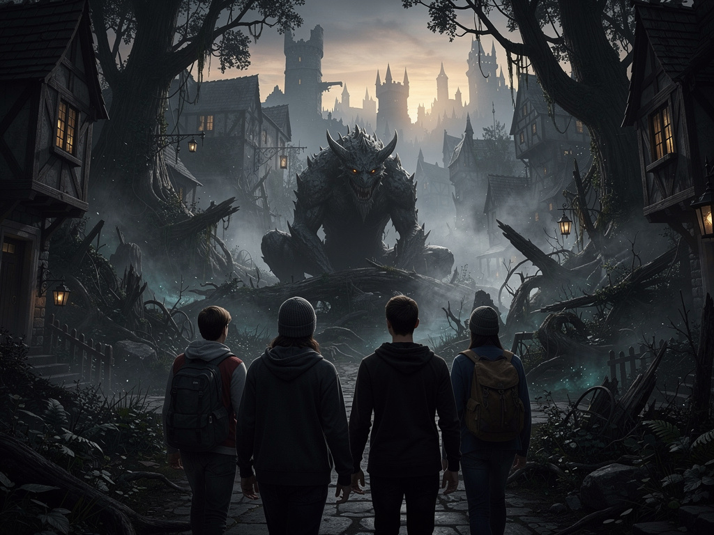 وفي مكان اخر في بلدة جميلة كان هنالك شبان شجعان وطيبون قرروا ان يكتشفوا سر هذه الغابة.