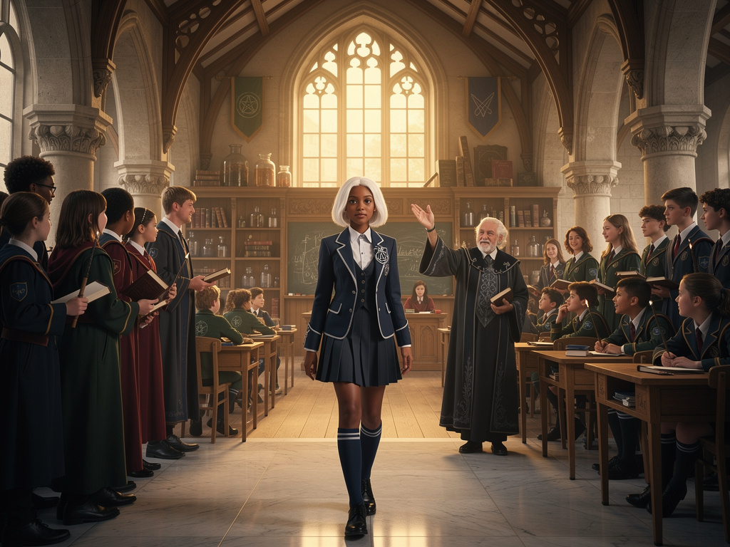 Imagine if: I want a scene from a magic academy, with a girl who appears with white hair, blue eyes, and dark skin, wearing a