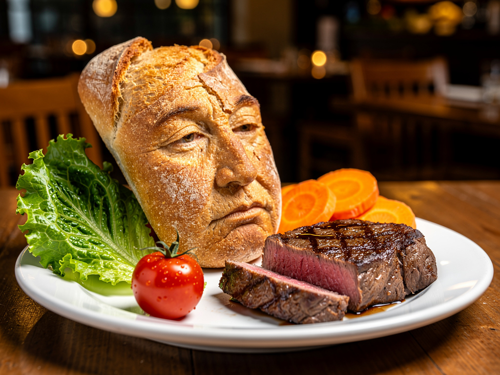 Hayal et: Restoranda yemek tabağınızdaki yiyecekler hayatın anlamı hakkında birbirleriyle tartışmaya başlar ve biftek varoluş