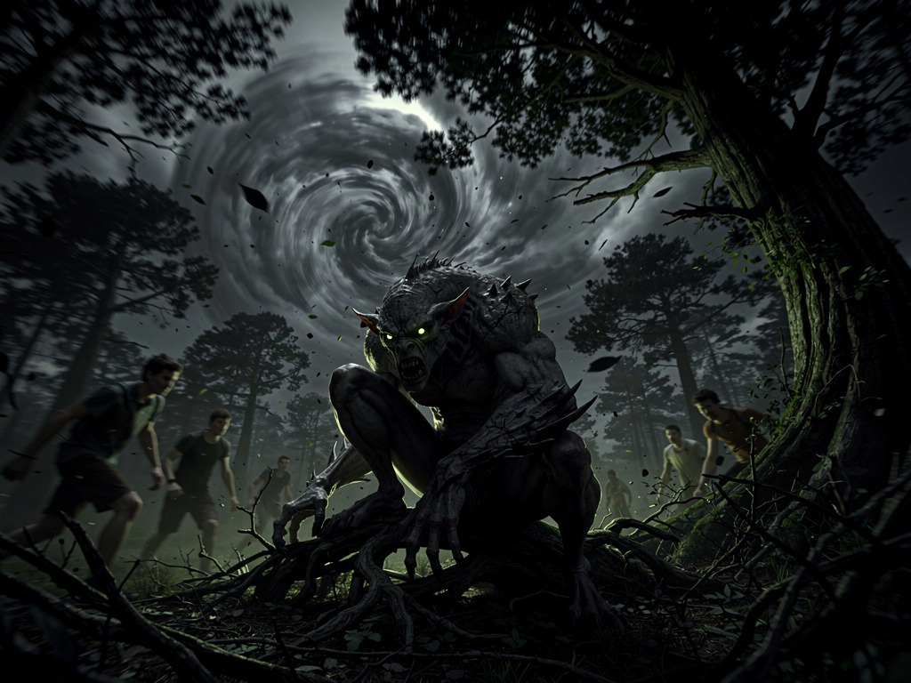 بدأت الغيوم تتلبد في السماء والرياح تصدر صوتا قويا ومخيفا ومازال الشبان يواصلون البحث عن مدخل لذلك العالم حتى وصلوا الى اطراف