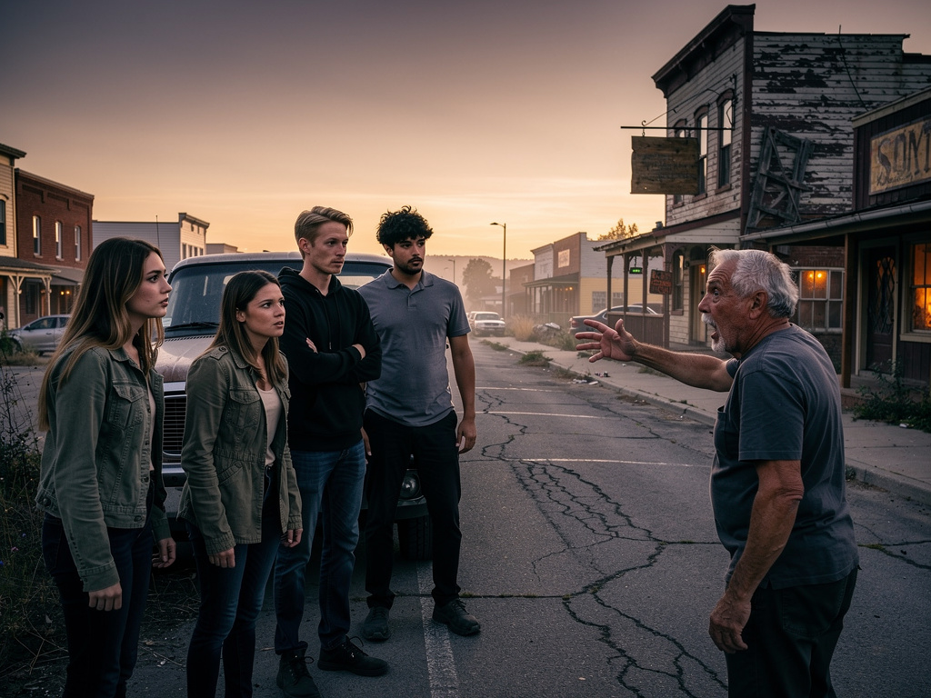 Cuando entras al pueblo..este se encuentra desolado, conducen hasta que ven a un viejo avanzar apresurado y cuando se detiene