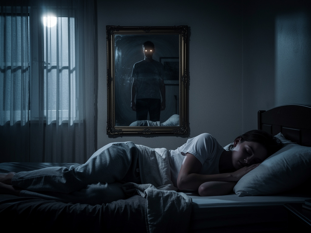 Imagine if: When we are fast asleep in the night someone watches us in our room from the mirror.