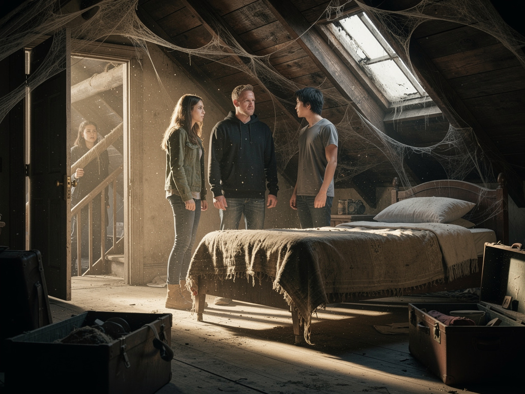 Luego te muestra una cama polvorienta en el ático.