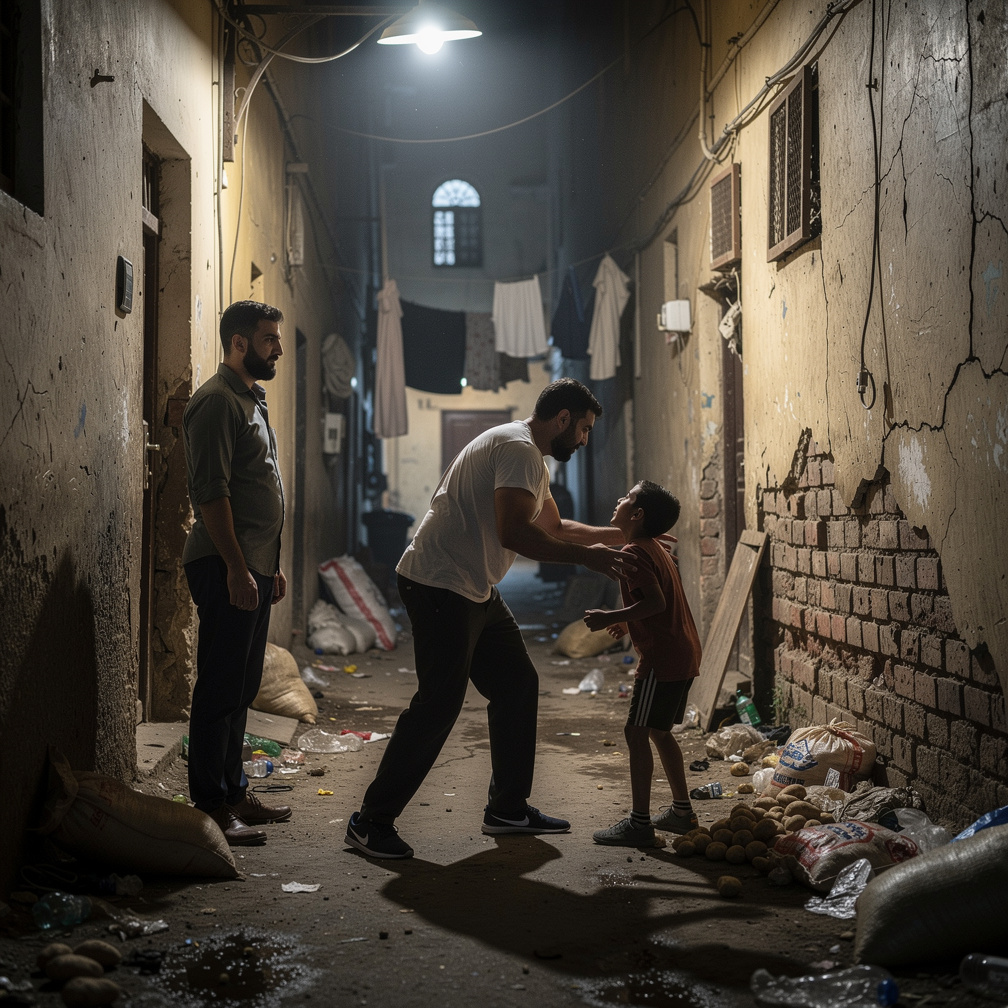 ثم رأوا أن طفلاً لبائع البطاطس قد أُمسك في مكان ما، ويُضرب لسرقته البطاطس ظاهرياً