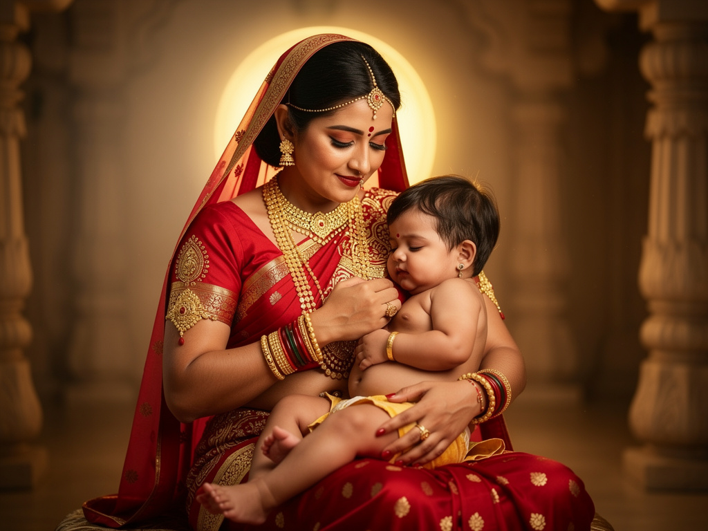 Goddess Durga change the breast side and start breastfeeding again.