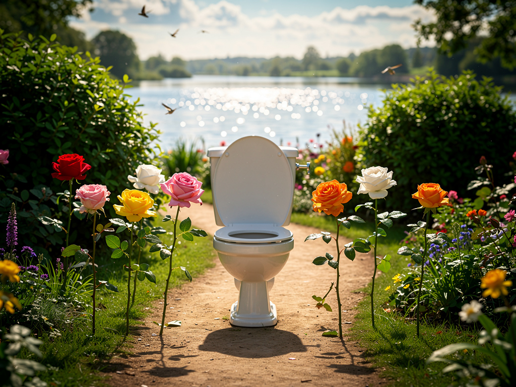 تخيل لو: تواليت يتمشى في الحديقه والورود دائريه به ويمشون الى بحيره عمرها سمك