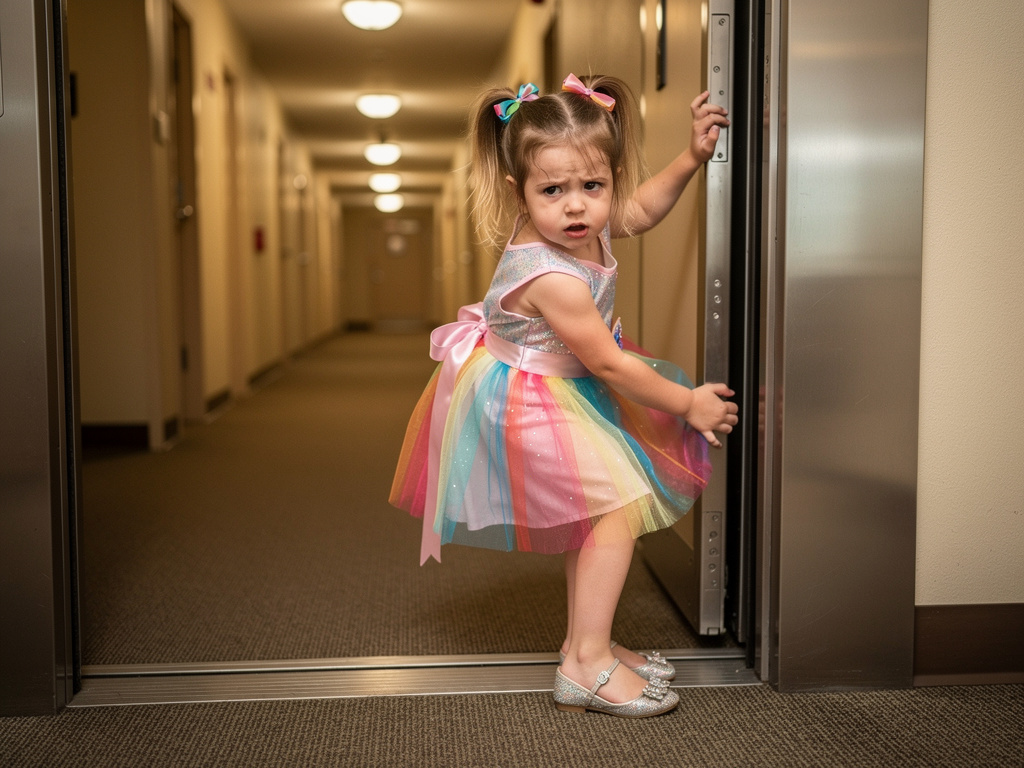 Imagine if: A small girl goes to her friend's house for birthday party with no person but getting off the elevator her foot g