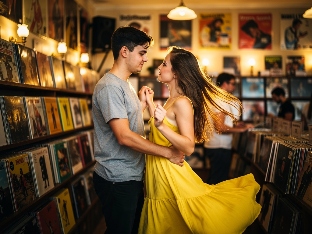 La armonía es palpable entre ellos, y entonces de repente la música comienza a sonar en el fondo. Él toma su mano y comienza 
