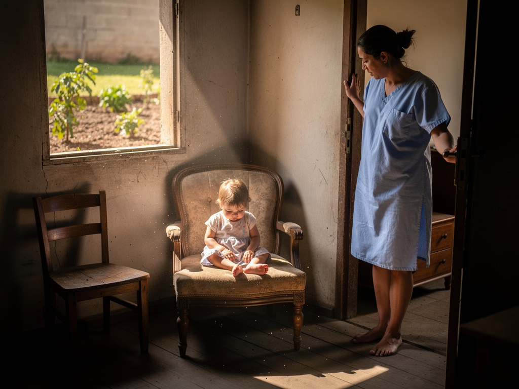 Neste ambiente contido que Evelyn nasceu — filha única de um casal que sempre carregou mais cansaço do que sonhos. A casa era