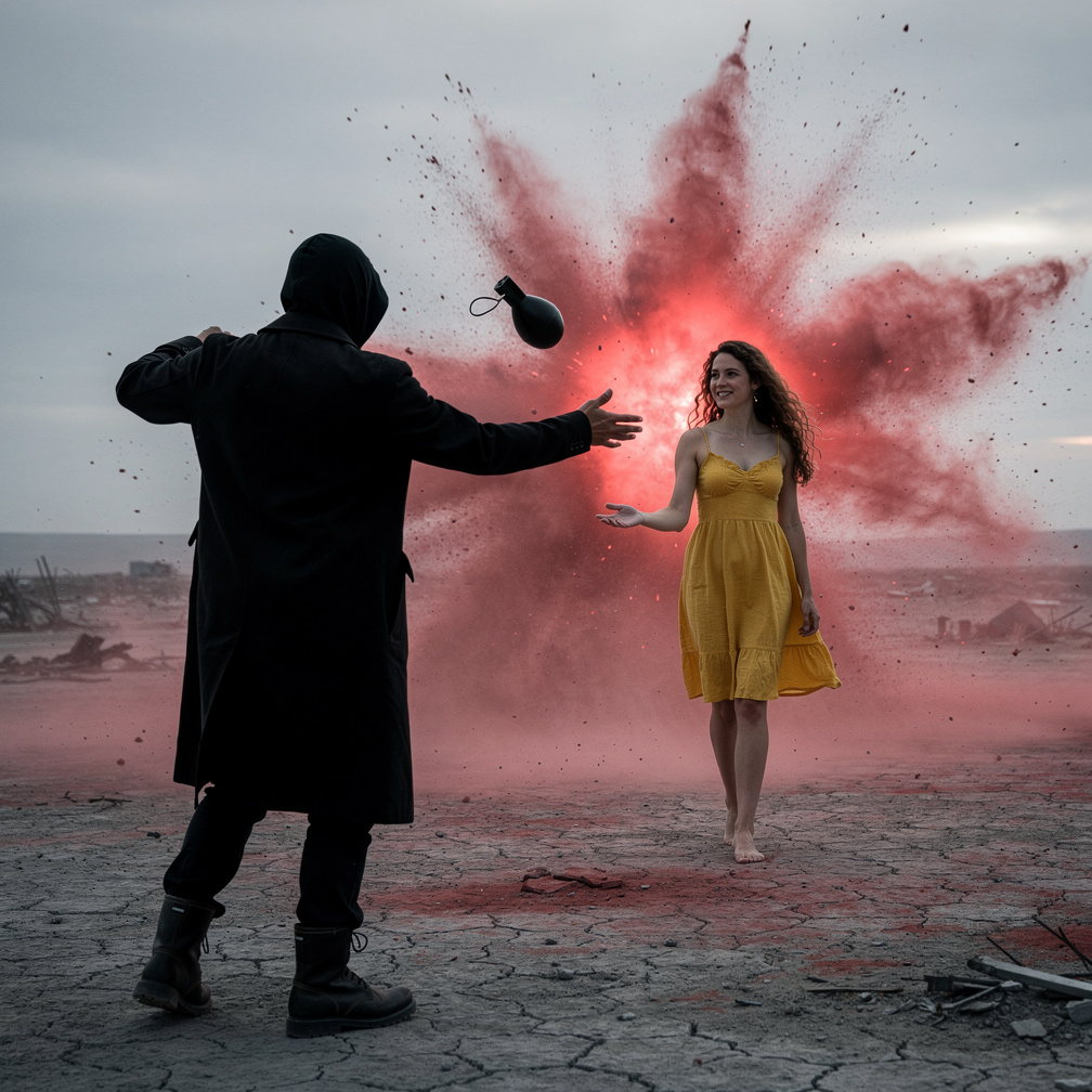 Bir karakter yürüyerek gelecek ve arkasına doğru bomba fırlatsın, arkadaki bombadan dolayı etrafı kırmızı bir duman, birden d