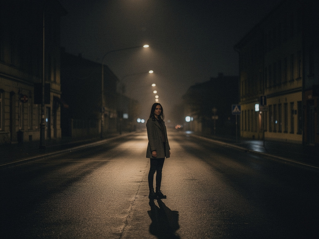 Hayal et: Gece karanlıkta sokağa çıkar.