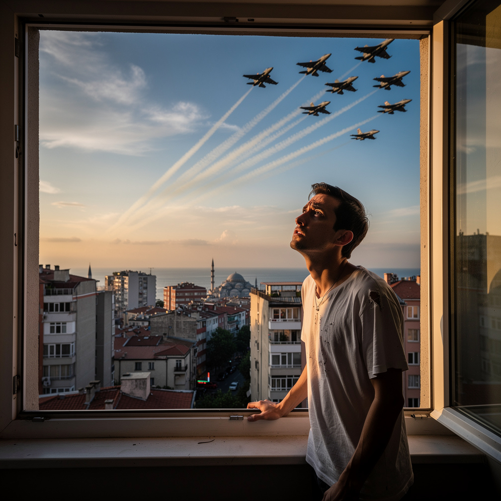Sonra birden gökyüzünün yükseklerinden gelen gürültü sesleri gelmeye başlıyor. Yükseklerden geçen çok sayıda savaş uçağı görü