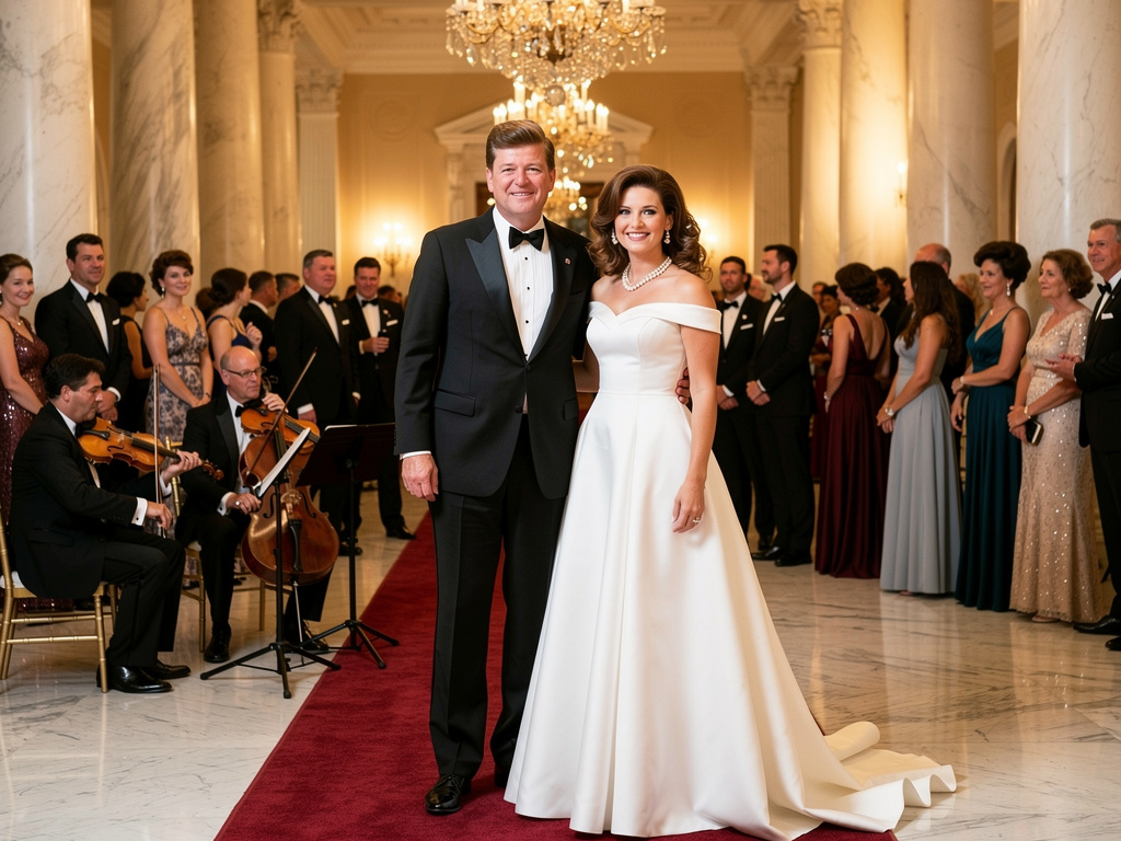 Imagine if: 1960s White House ceremonial event showing a charismatic American president and elegant First Lady inspired by Jo