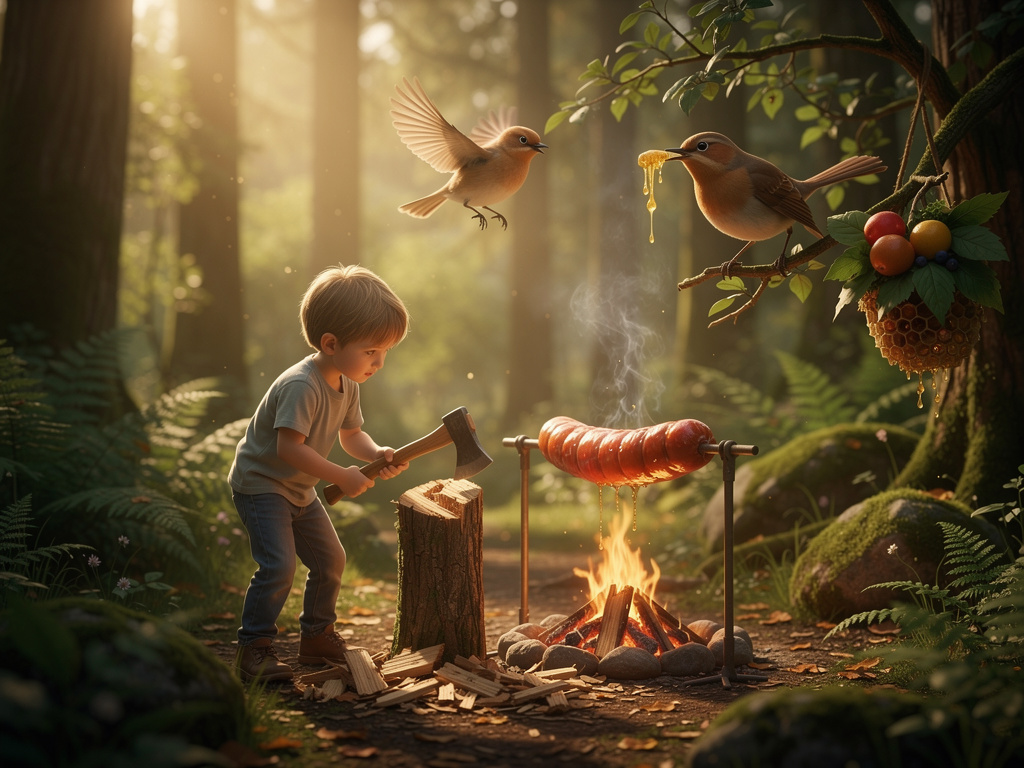 Charlie cuts down trees and gathers firewood to keep warm in the forest, whilst John the nightingale gathers honey and fruit 