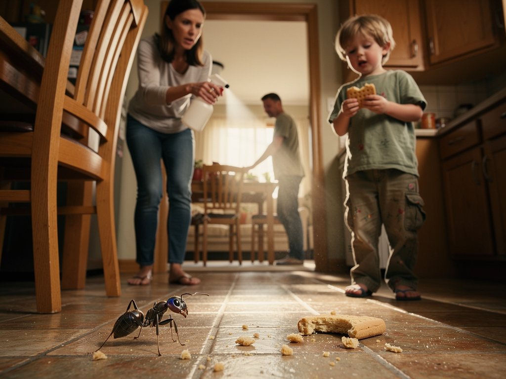 Ta mère a regardé par terre et a exclamé : "Ah, une fourmi !" puis a attrapé l'insecticide. J'ai sprinté et me suis caché sou