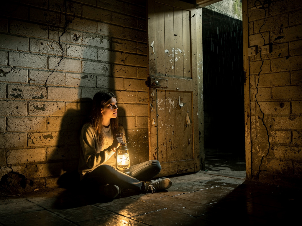 أنه مجرد وهم، لكنها مع مرور الوقت بدأت تشعر بالخوف.
وفي ليلة ممطرة قررت أن تكتشف الحقيقة بنفسها.
أخذت مصباحًا صغيرًا ونزلت إل