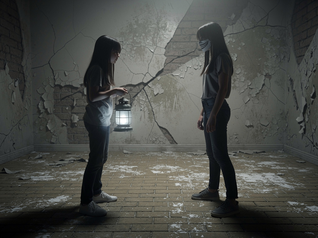 شعرت بقوة تسحبها إلى الداخل رغم مقاومتها.
وجدت نفسها في عالم غريب يشبه عالمها لكنه بلا ألوان وكأنه ميت.
ظهر أمامها نسخة منها 